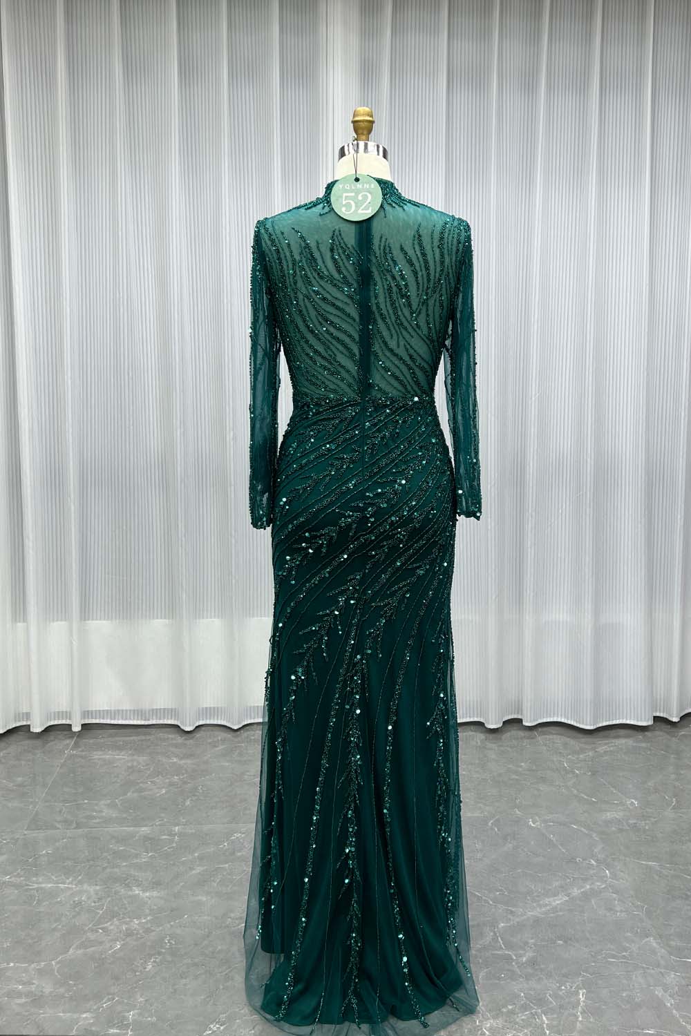 YQLNNE 052 Modest Dark Green Full Sleeves Evening Dress Handmade Beaded With Removable Train
