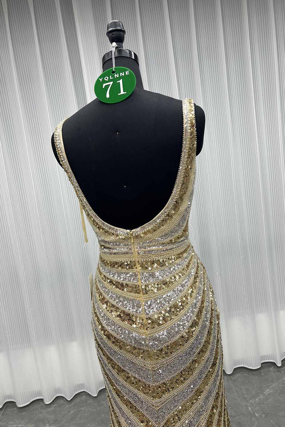 YQLNNE 071 Gold Sequined Long Prom Dresses Mermaid Party Dress