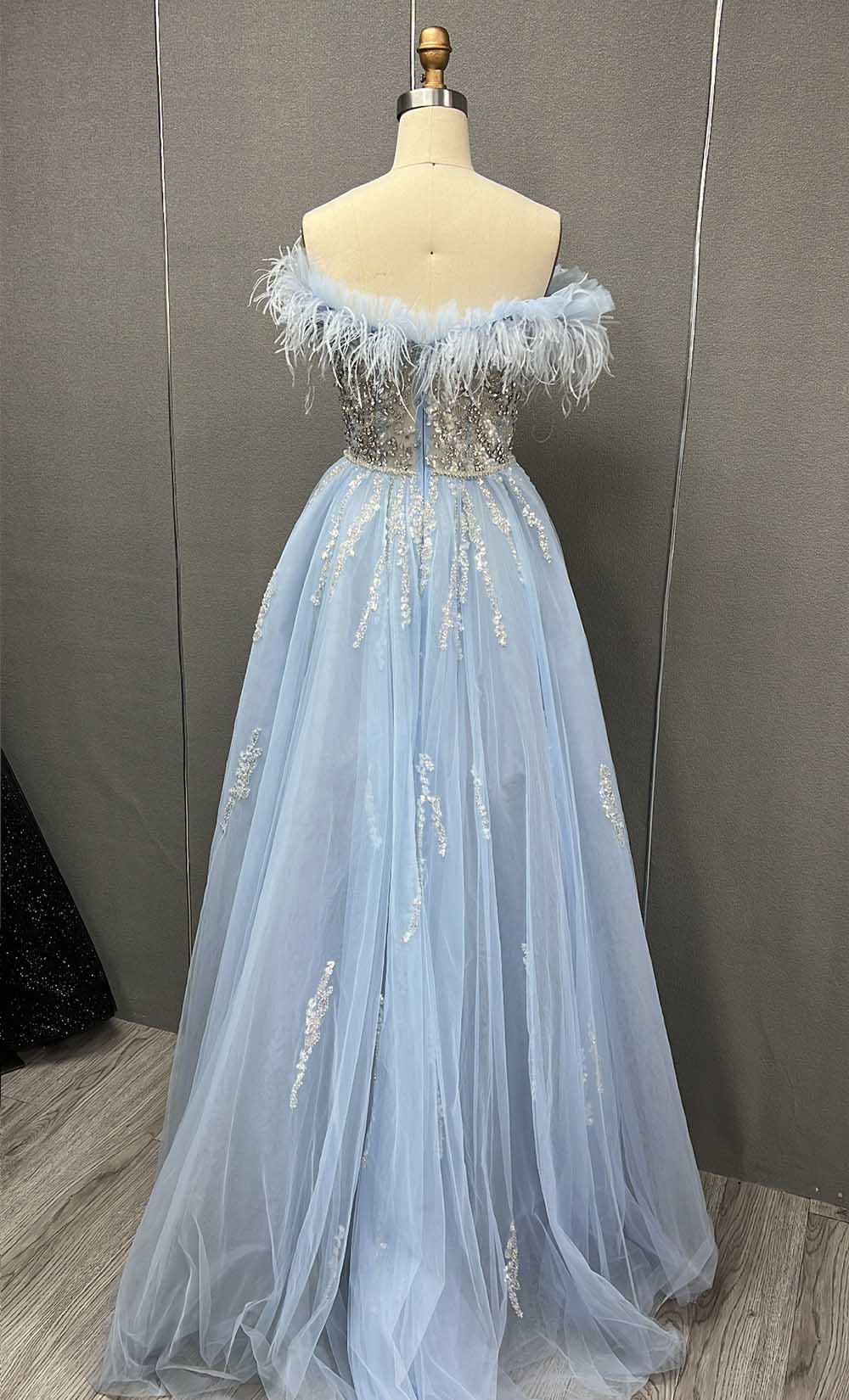 YQLNNE 0124 Blue Feathers Evening Dress Long Handmade Diamonds Formal Gown