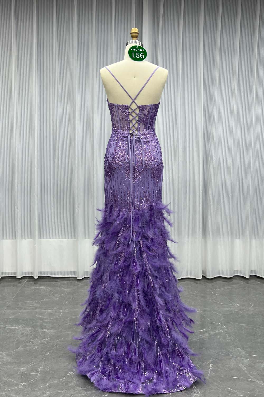YQLNNE 0156 Sparkly Green Glitter Feathers Prom Dresses Lace-up Party Gown