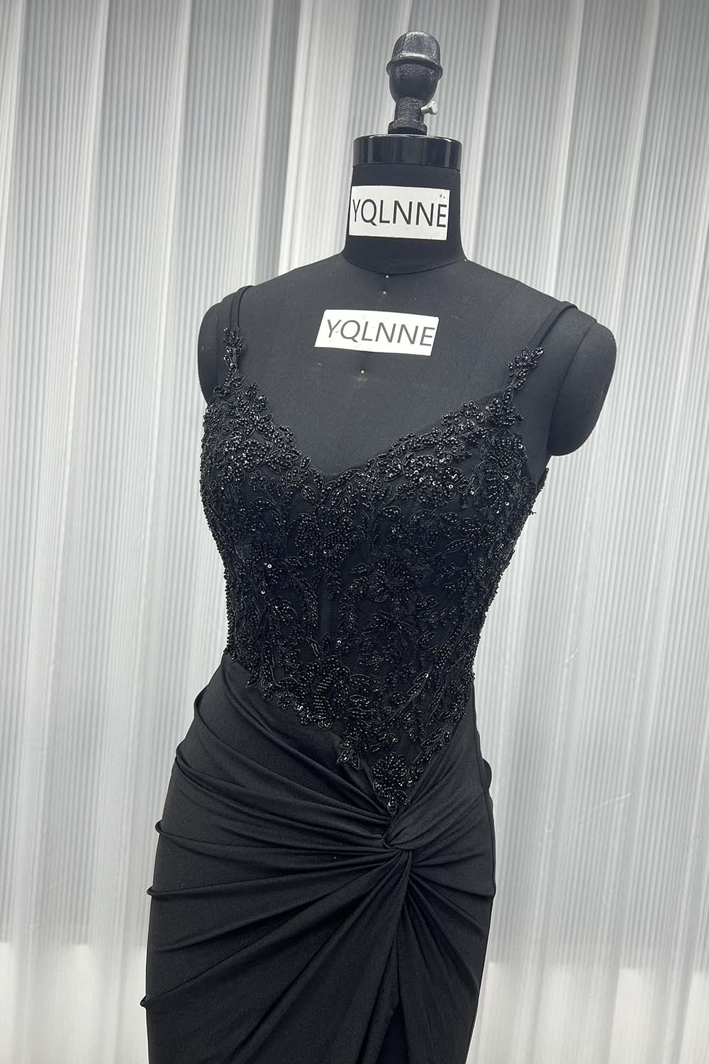 YQLNNE 01 Sexy Black Embroidered Long Slit Prom Dresses Mermaid Spaghetti Beading Party Gown