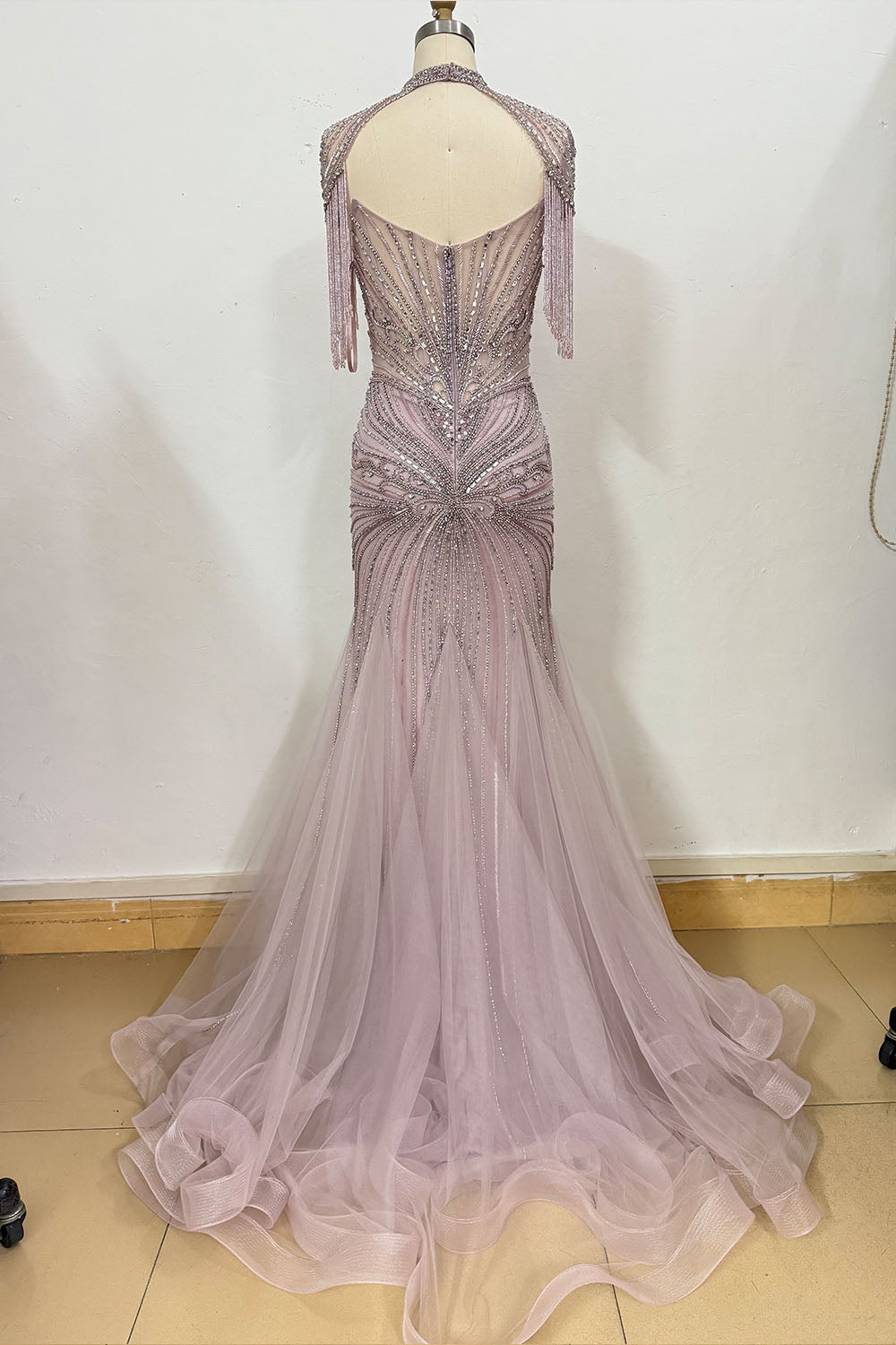 YQLNNE 0195 Luxury Gold Crystals Evening Party Gown With Necklace
