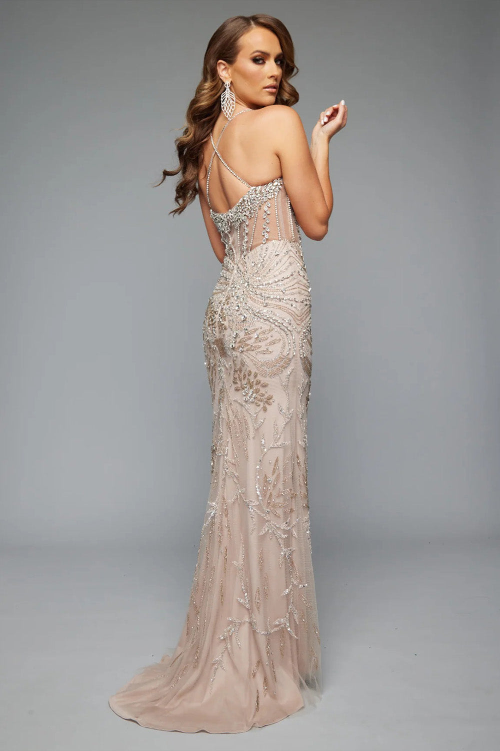 YQLNNE Nude Rhinestones Mermaid Evening Dress Long Formal Women Party Dress