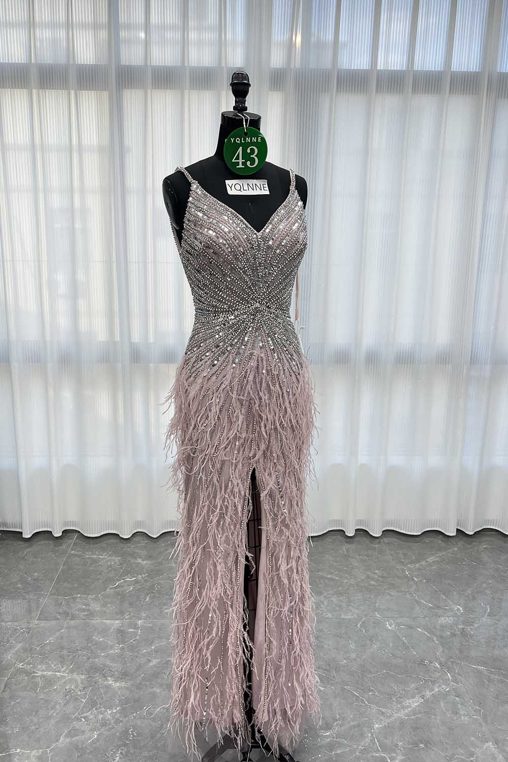 YQLNNE 043 Beige Feathers Long Crystals Evening Dress With Slit