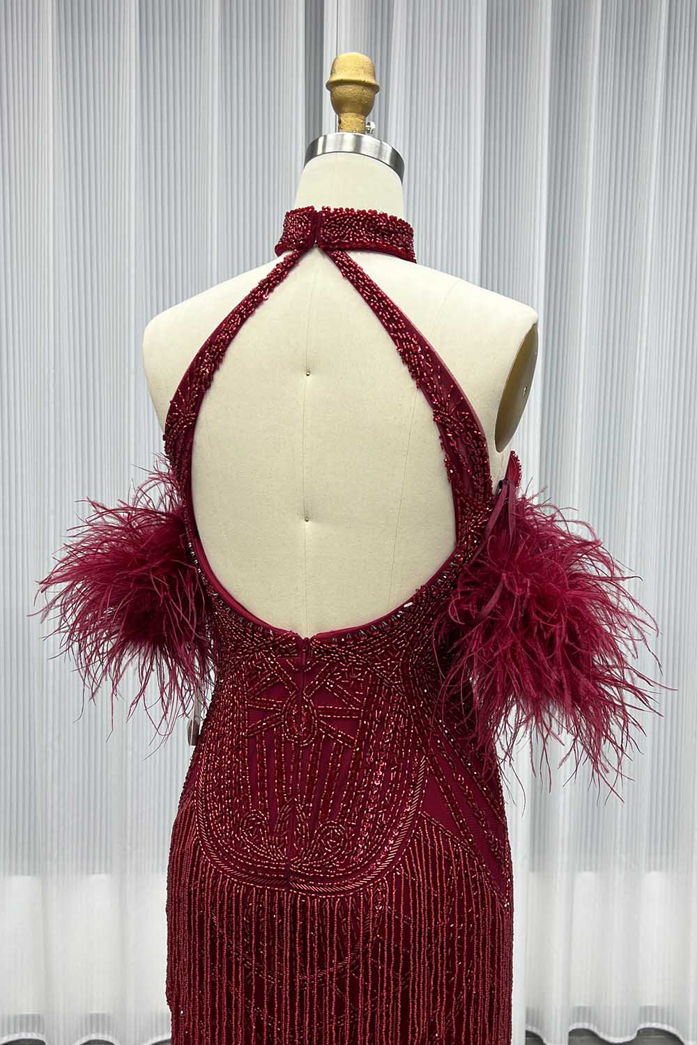 YQLNNE 035 Burgundy Feathers Slit Evening Dress With Handmade Crystals Beaded