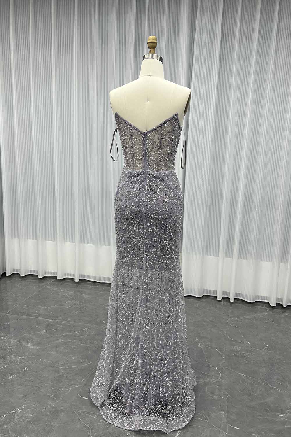 YQLNNE 0132 Dusty Lilac Pearls Beaded Evening Dress With Shawl
