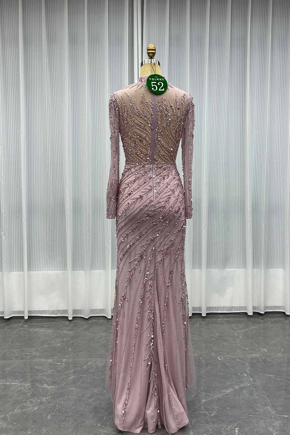 YQLNNE 052 Pink Long Sleeves Handmade Beaded Evening Dress With Removable Train