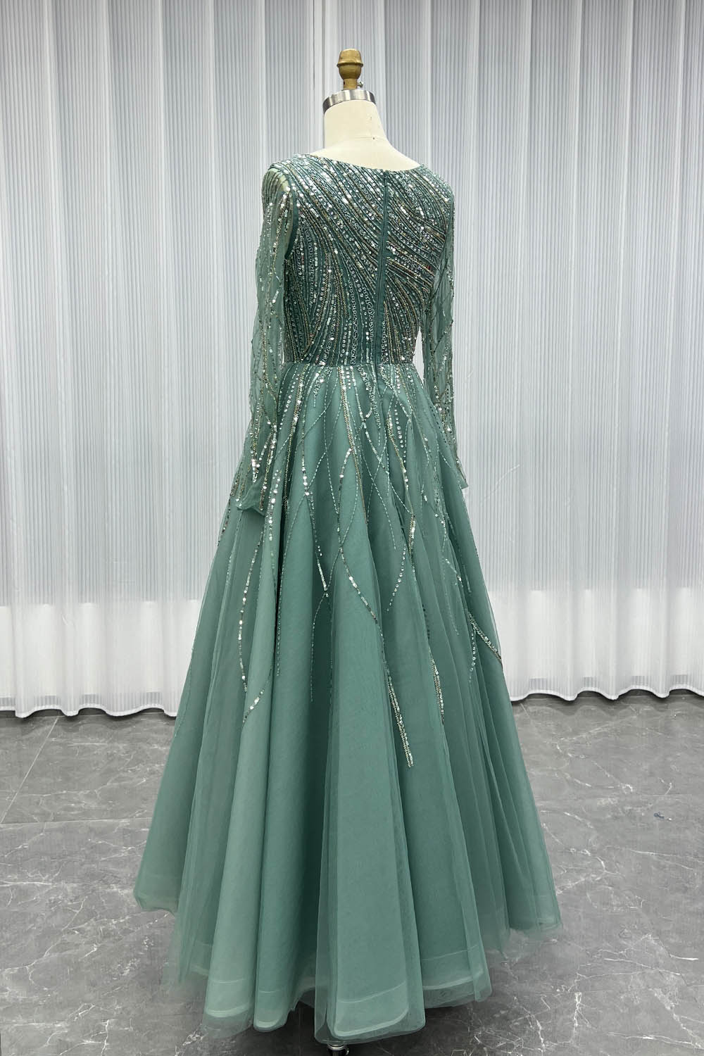 YQLNNE Modest Wine Red Handmade Beaded Evening Party Gown
