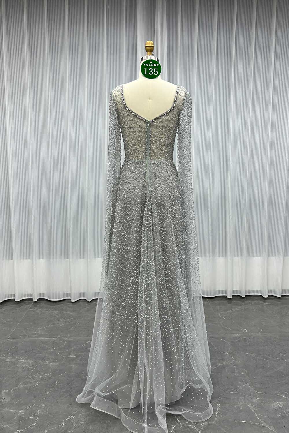 YQLNNE 0135 Sparkly Silver Crystals Evening Dresses Cape Sleeves Long Aline Formal Women Party Gown