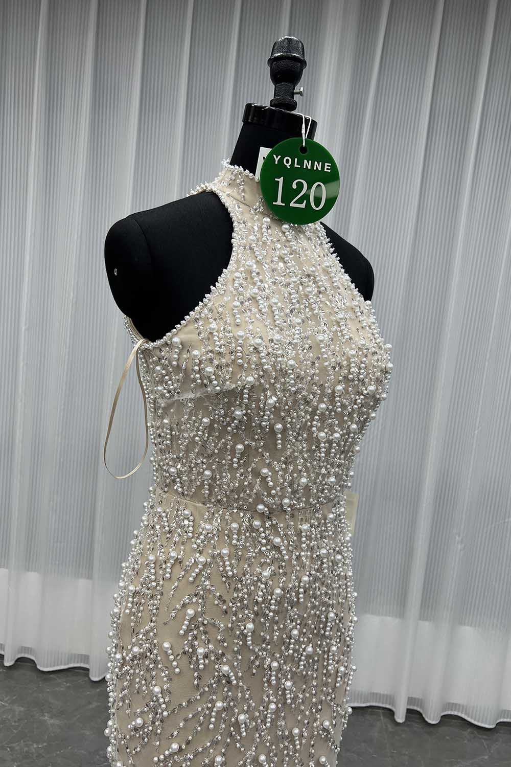 YQLNNE 0120 White Nude Pearls Beaded Evening Party Dress Wedding Gown
