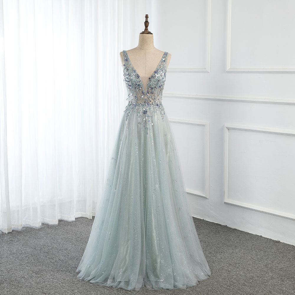 YQLNNE 014 Mint Long Prom Dresses V Neck Tulle Crystals Beaded Homecoming Party Dress Backless