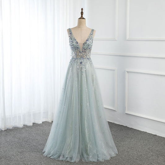 Sexy Mint Long Prom Dresses V Neck Tulle Crystals Beaded Homecoming Party Dress Backless