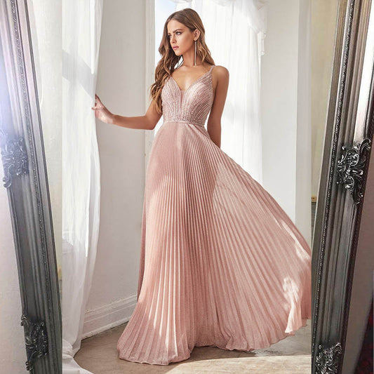 Sexy Pink Long Prom Dresses Straps Spaghetti Beaded Pleats Formal Evening Gown Party Dress Backless In Stock