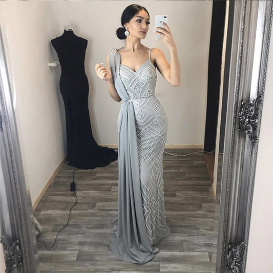 New Elegant Silver Long Prom Dresses Straps Crystals Beaded Tulle Formal Gowns with Ribbon Mermaid Party Dress