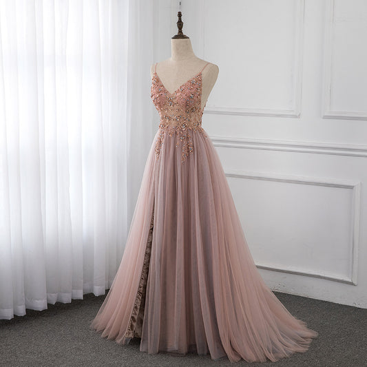 Sweet Dusty Pink Crystal Prom Dresses Long Straps Spaghetti See Through Tulle Evening Gown Slit Right YQLNNE