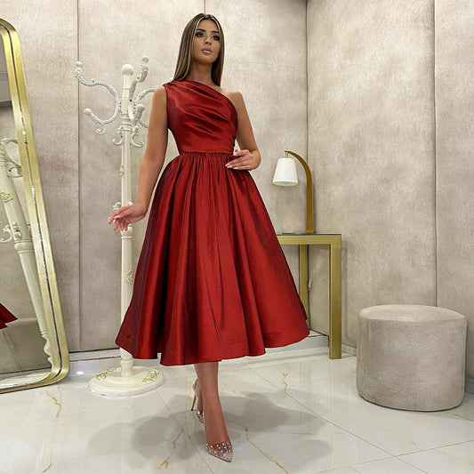 Red One Shoulder Prom Dresses Taffeta Ball Gown Evening Party Gowns Tea Length