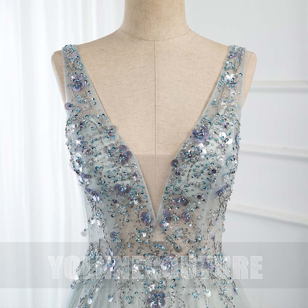 YQLNNE 014 Mint Long Prom Dresses V Neck Tulle Crystals Beaded Homecoming Party Dress Backless