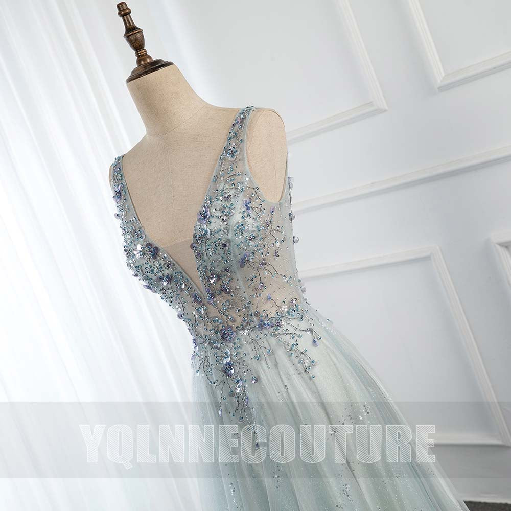 YQLNNE 014 Mint Long Prom Dresses V Neck Tulle Crystals Beaded Homecoming Party Dress Backless
