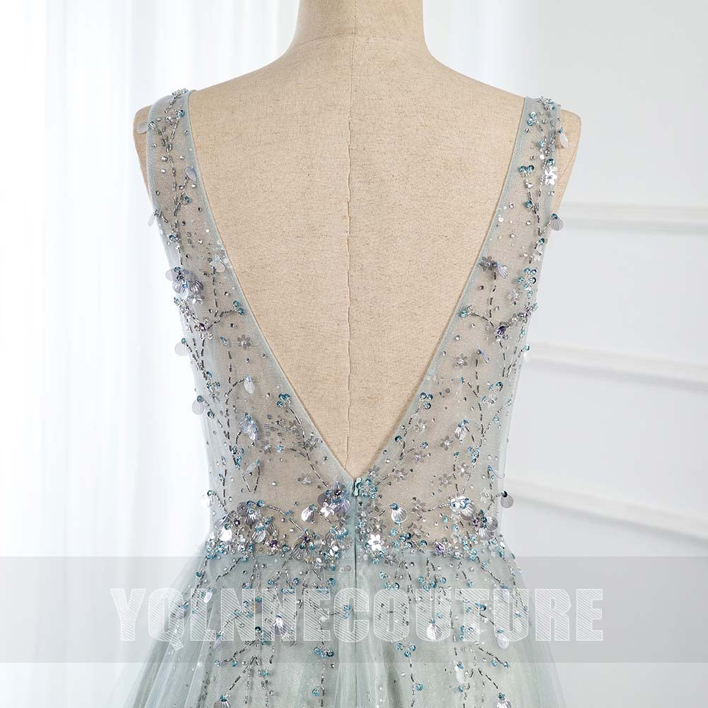 YQLNNE 014 Mint Long Prom Dresses V Neck Tulle Crystals Beaded Homecoming Party Dress Backless