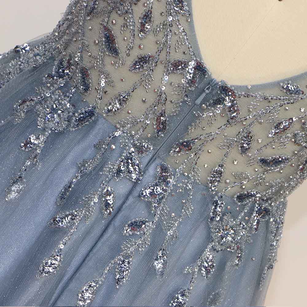 Sweet Dusty Blue Long Prom Dresses Sexy Straps Glitter Tulle Sequined Beaded Backless Party Dress Formal Gowns Aline
