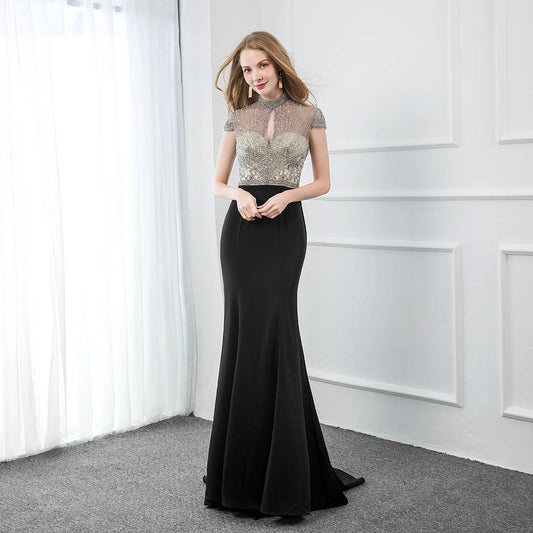 Black Long Mermaid Prom Dresses High Neck Crystals Beaded Formal Women Party Dress Evening Gown Real Photos