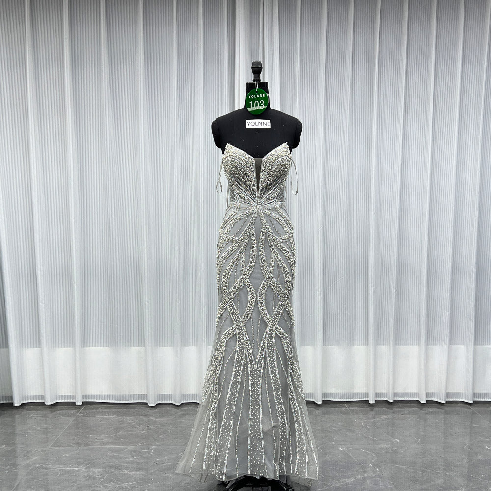 YQLNNE 0103 Silver Pearls Crystals Long Mermaid Evening Dress
