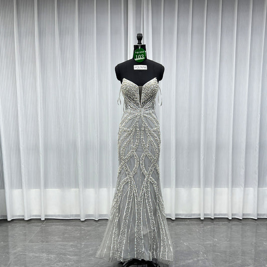 YQLNNE 0103 Silver Pearls Crystals Long Mermaid Evening Dress