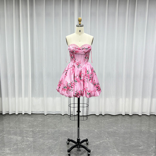 YQLNNE Short Mini Pink Printed Floral Prom Dresses