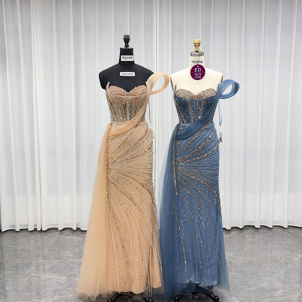 YQLNNE ED032 Luxury Gold One Shoulder Rhinestones Evening Dresses Rhinestones Mermaid Detachable Train