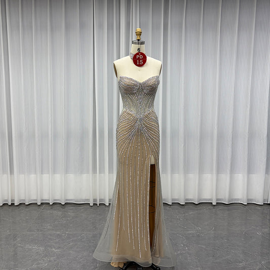 YQLNNE PD015 Silver Nude Slit Long Prom Dress Crystals Mermaid