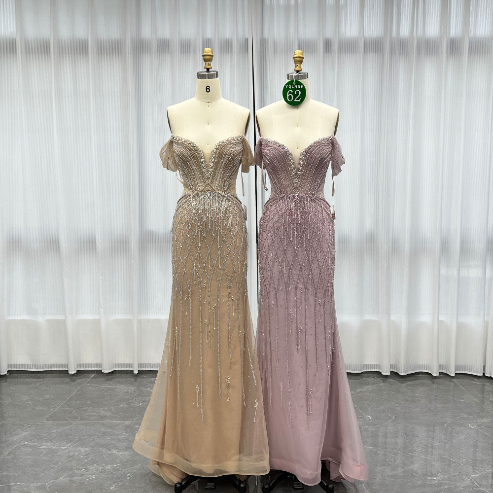YQLNNE 062 Pink Off Shoulder Evening Dress Long Crystals Beaded Evening Gown