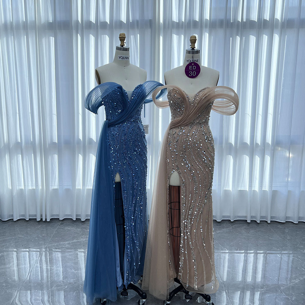 YQLNNE ED030 Gold Off Shoulder Handmade Beaded Evening Dress Mermaid