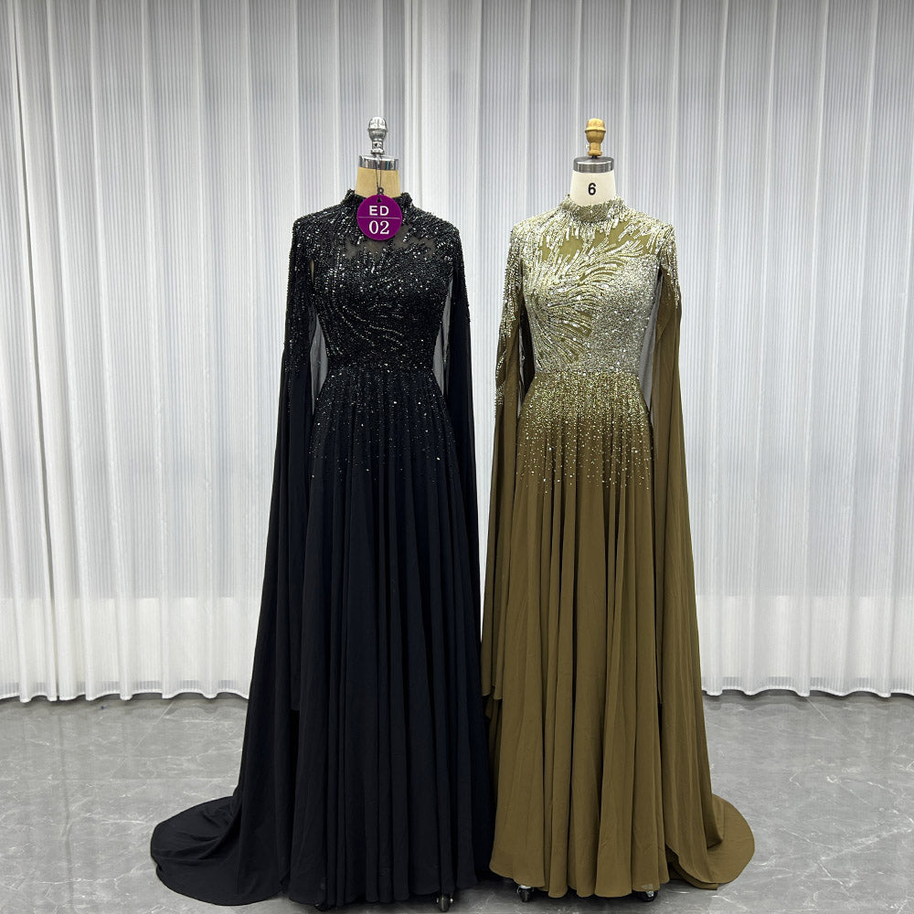 YQLNNE ED02 Black High Collar Chiffon Aline Evening Dress With Handmade Crystals Beaded