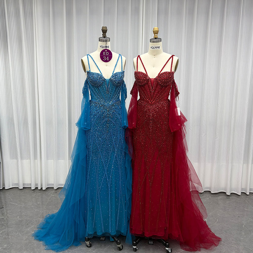 YQLNNE ED034 Red Rhinestones Mermaid Evening Dress Party Gown