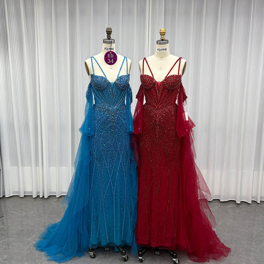 YQLNNE ED034 Red Rhinestones Mermaid Evening Dress Party Gown