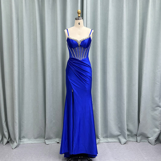 YQLNNE Royal Blue Rhinestones Long Slit Prom Dresses Satin Mermaid Beaded Formal Evening Party Gown