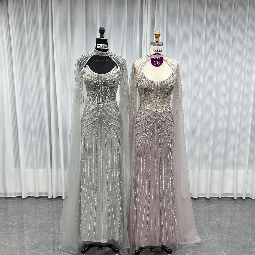 YQLNNE ED026 Silver Crystals Long Evening Dress Mermaid With Shawl