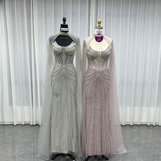 YQLNNE ED026 Silver Crystals Long Evening Dress Mermaid With Shawl