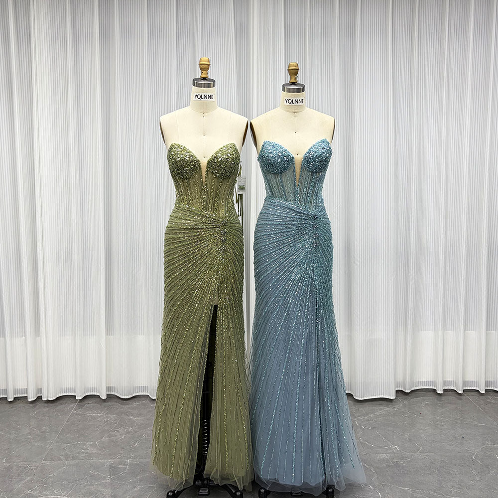 YQLNNE Sexy Strapless Beaded Long Prom Dresses With Slit