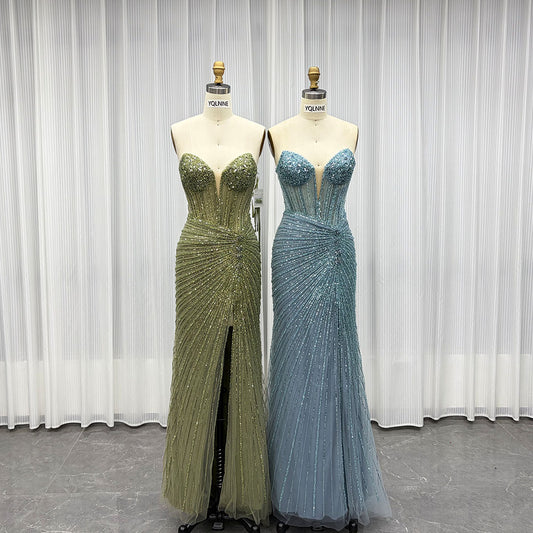 YQLNNE Sexy Strapless Beaded Long Prom Dresses With Slit