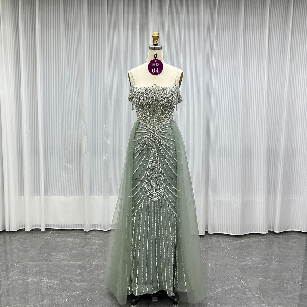 YQLNNE ED04 Sage Green Crystals Beaded Evening Dress With Removable Train