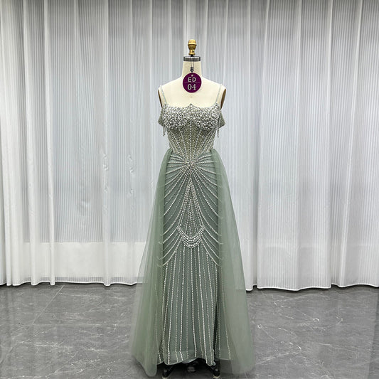 YQLNNE ED04 Sage Green Crystals Beaded Evening Dress With Removable Train