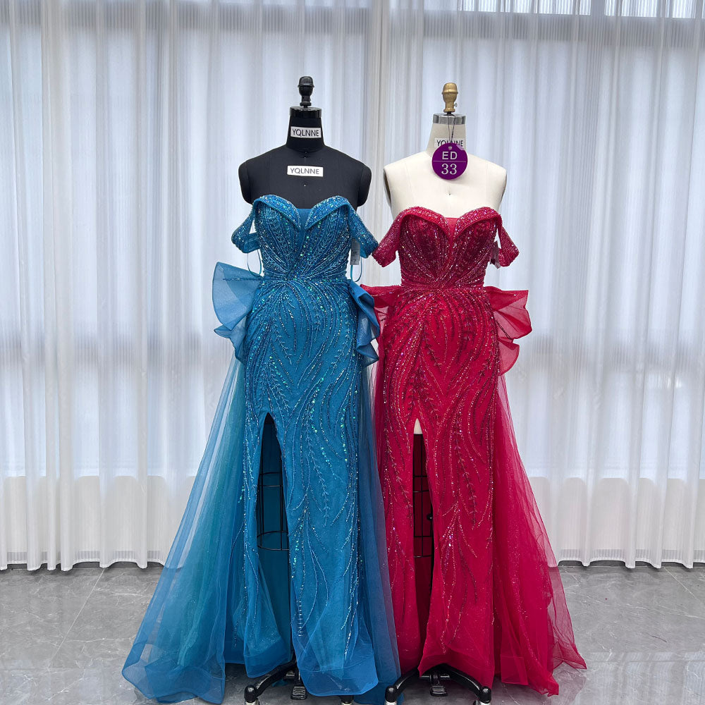 YQLNNE ED033 Classic Off Shoulder Crystals Red Evening Dress With Slit