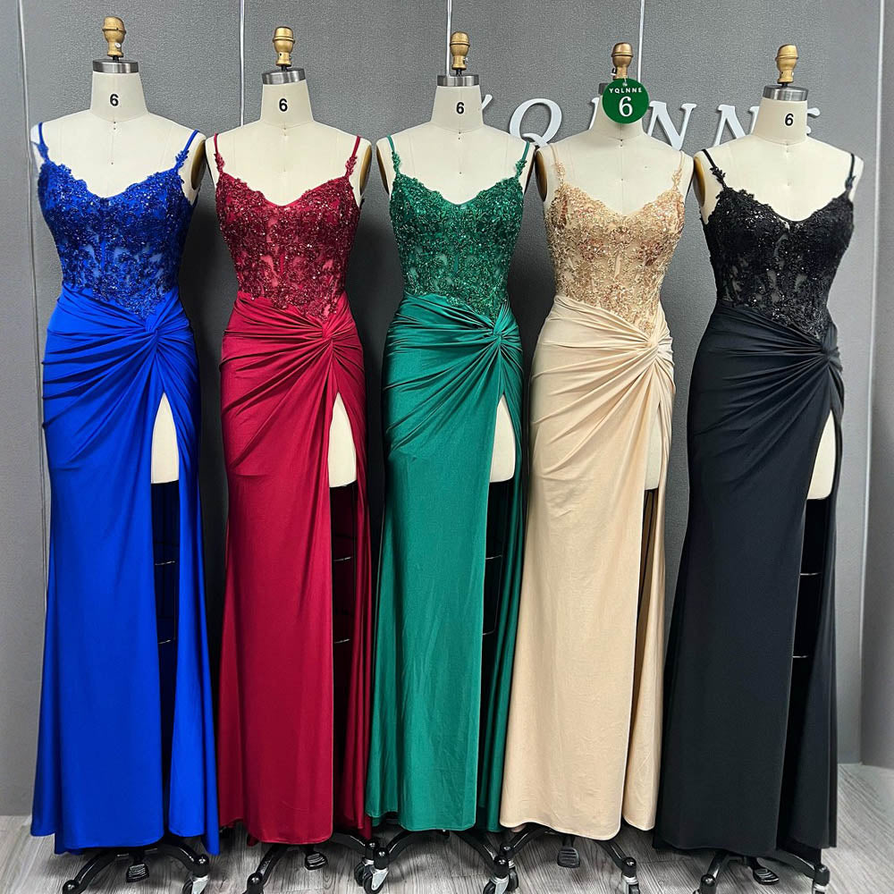 YQLNNE Sexy Black High Slit Long Prom Dresses Straps Beading Mermaid Evening Gown