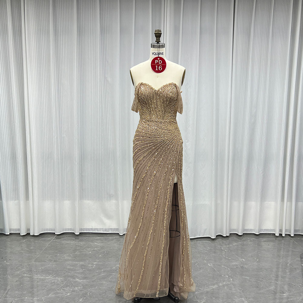 YQLNNE PD016 Mocha Sequins Long Prom Dresses Off Shoulder Evening Gown Mermaid