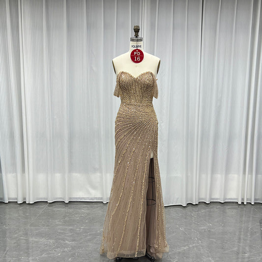 YQLNNE PD016 Mocha Sequins Long Prom Dresses Off Shoulder Evening Gown Mermaid