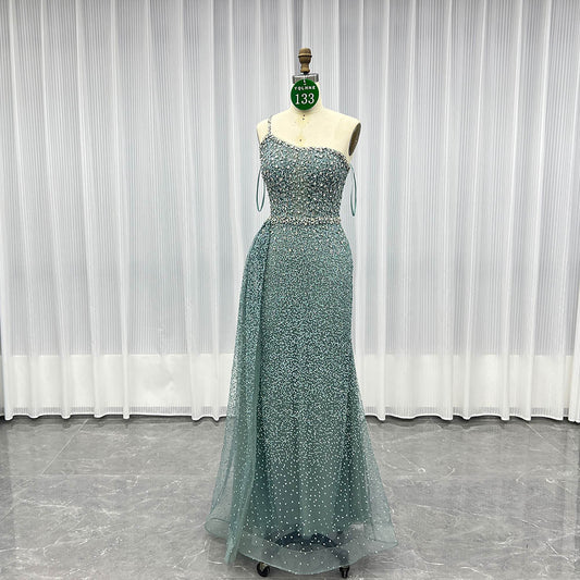 YQLNNE 0133 Sparkly Pine Green Crystals Evening Dress One Shoulder Long Glitter Prom Gown