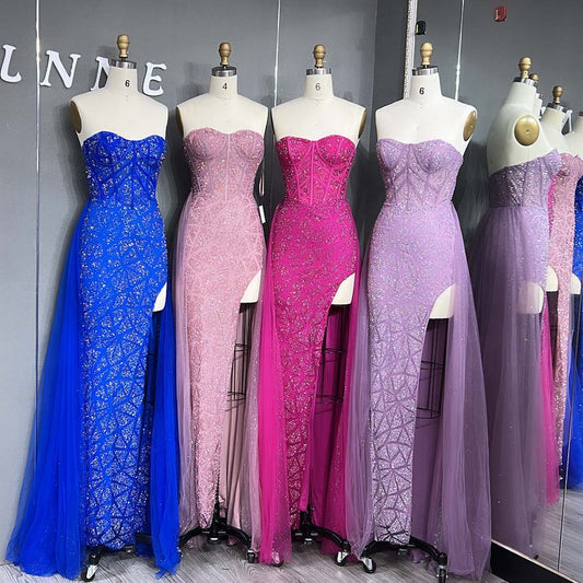 YQLNNE 070 Sparkly Glitter Strapless Long Prom Dress With Removable Train