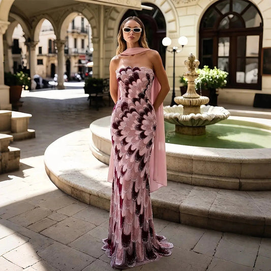 YQLNNE YQ7006 Modest Black Beaded Evening Dress With Scarf