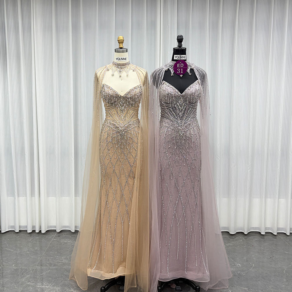 YQLNNE ED031 Gold Crystals Beaded Evening Dress With Shawl